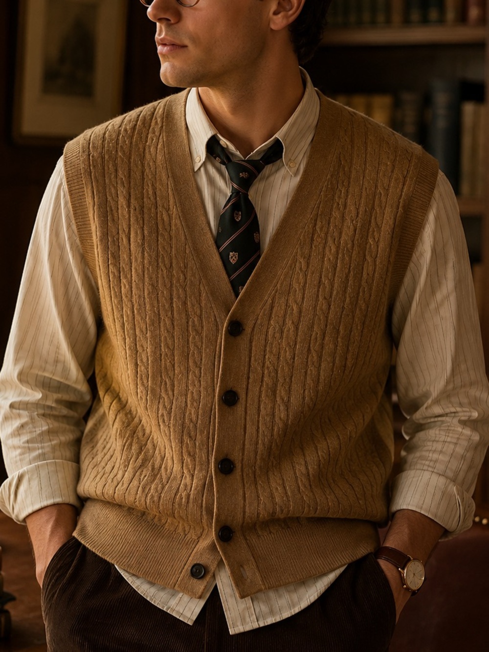 Men's Wool Cashmere BKE d Tan Cable-Knit Button Front Cardigan Vest Preppy